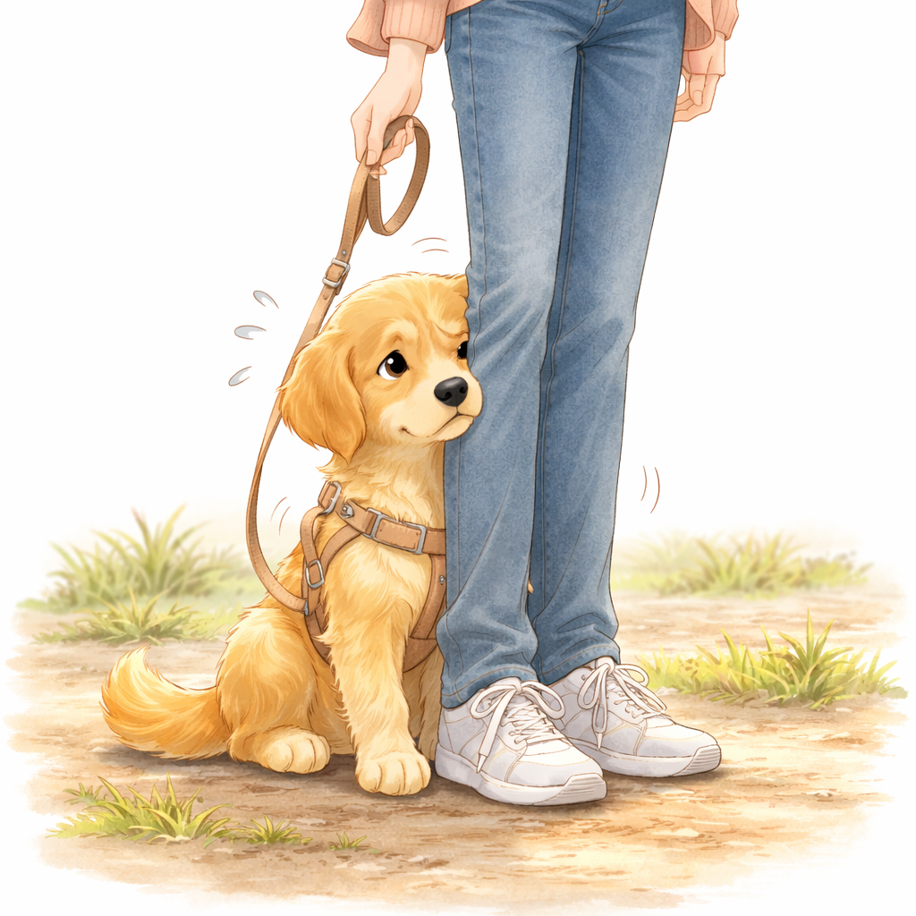 不安場面で飼い主の足元に寄る犬|信頼のボディランゲージ