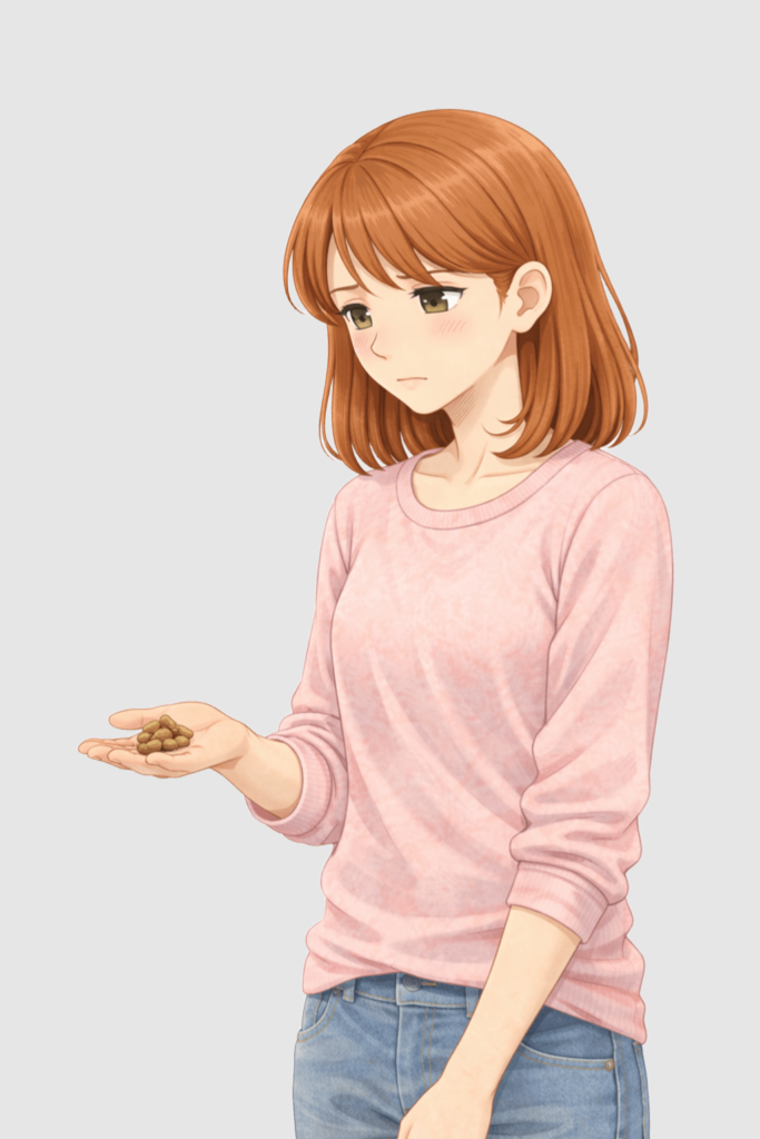 手のひらのフードを見つめる飼い主|食べ物の使い方に迷う場面